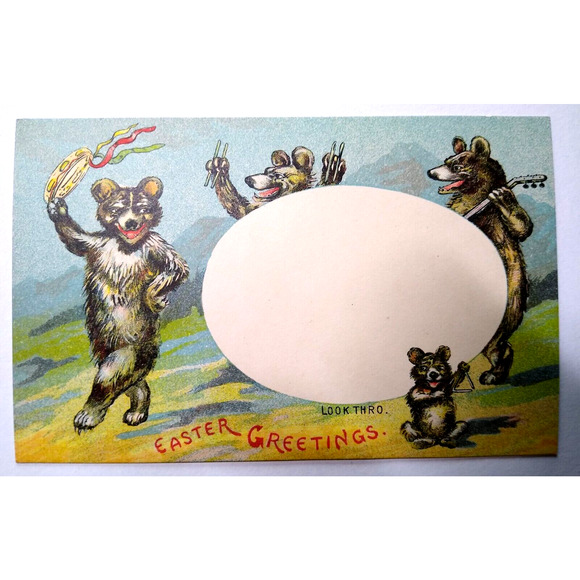 Hold To Light Easter Fantasy Postcard Look Thro Musical Bears Owl Squirrel Egg - Picture 2 of 4